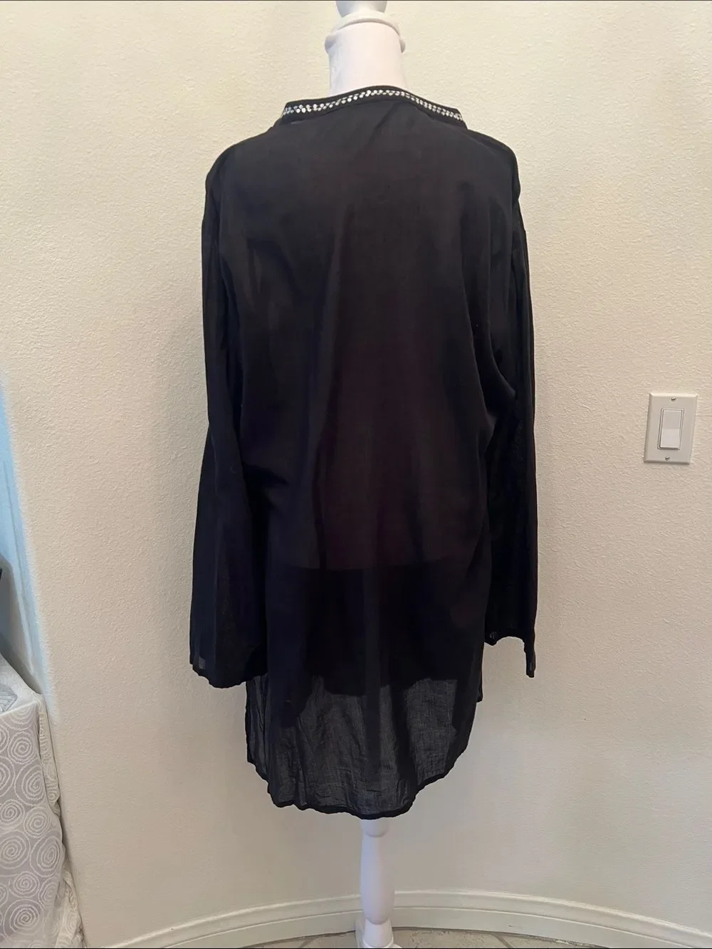 OSFM Sheer Black Long Sleeve Tunic Swim Coverup with Sequins an Side Slits EUC